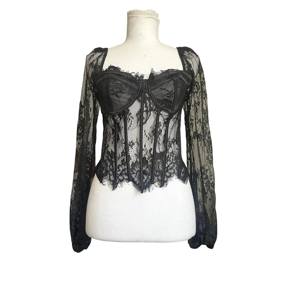Black Sheer Lace Corset Top Boned Bustier Gothic Coquette Witchy Fairy Grunge M - Picture 3 of 13